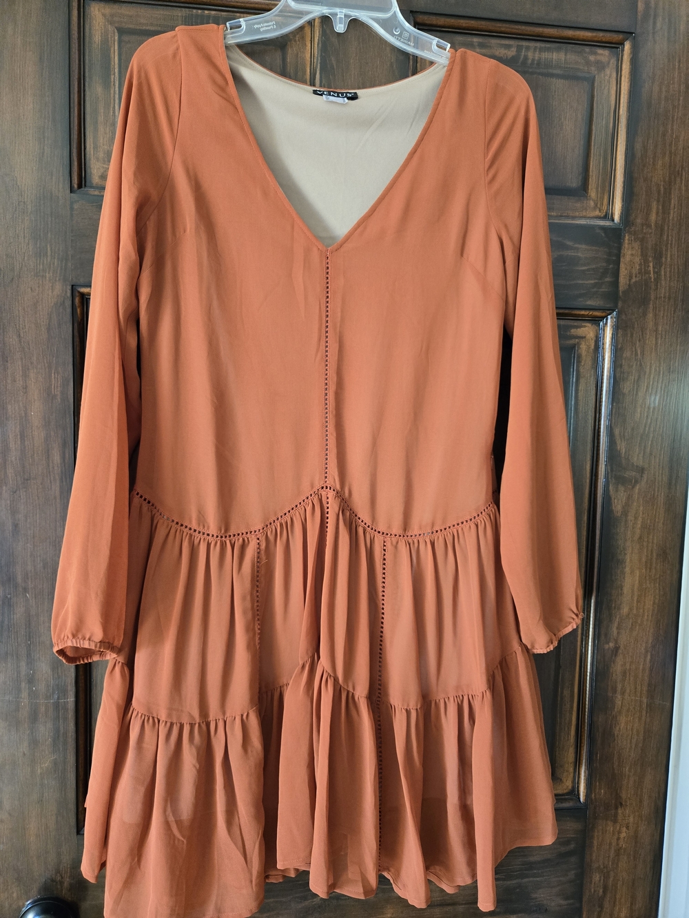 VENUS Rust Orange Long Sleeve Tiered V-Neck Dress
